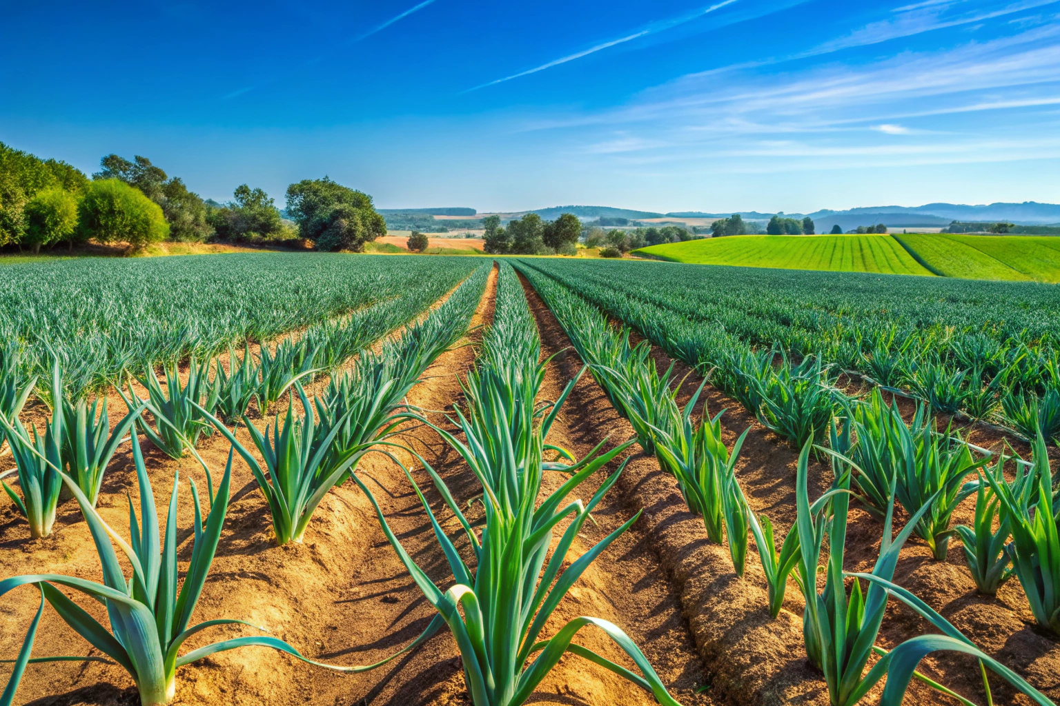 Uma imagem de um campo de alho verdejante em Portugal, com plantas saudáveis e bem cuidadas, sem qualquer texto ou marcas visíveis, sob um céu ensolarado que realça a beleza natural da agricultura sustentável.