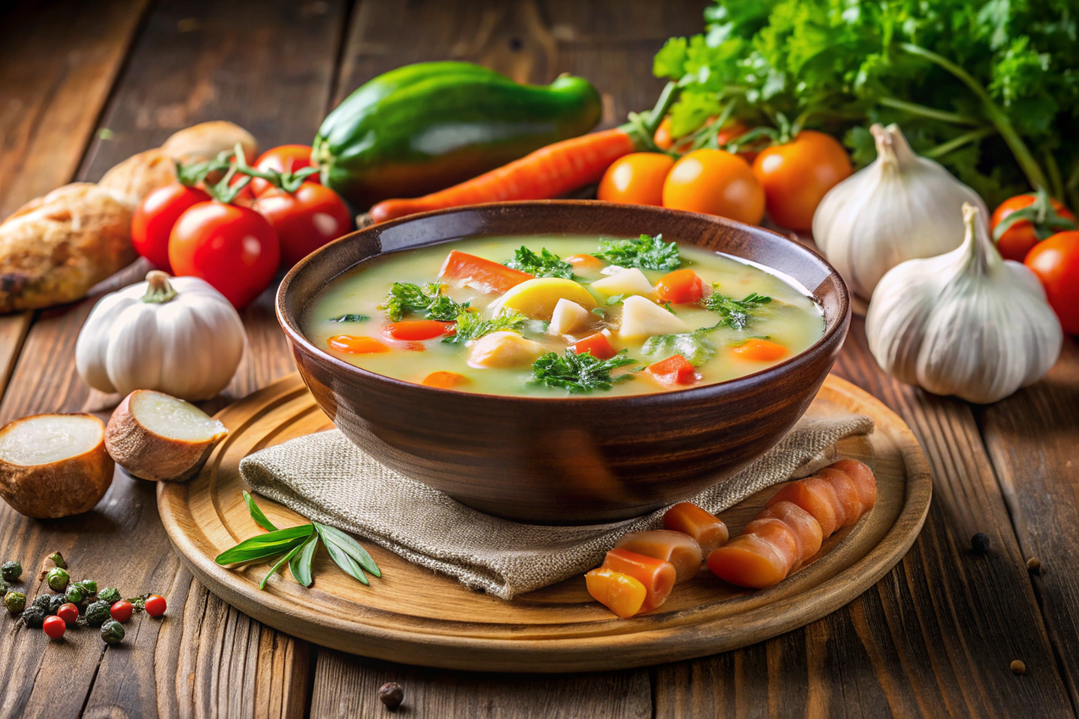 Uma tigela de sopa de alho com legumes frescos, servida quente e fumegante, em um ambiente de cozinha caseira sem marcas ou textos visíveis