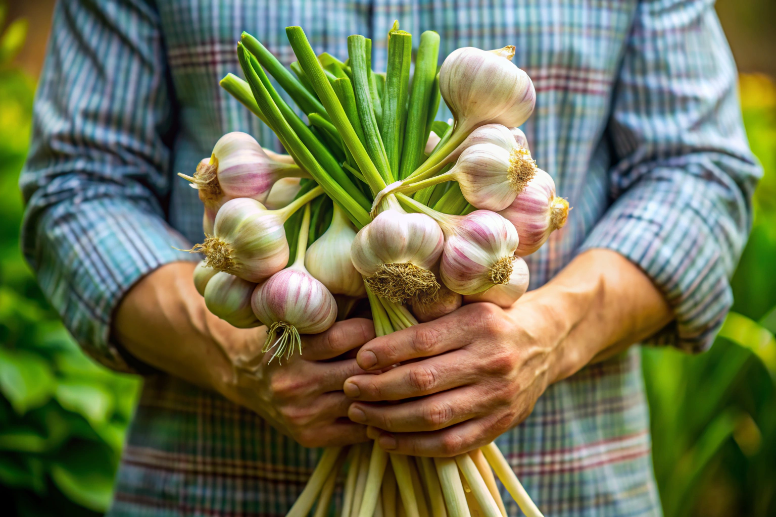 Close-up of a hand holding a bunch of fresh garlic bulbs with green stems, against a plain background, showcasing the natural texture and vibrant color without any text or logos