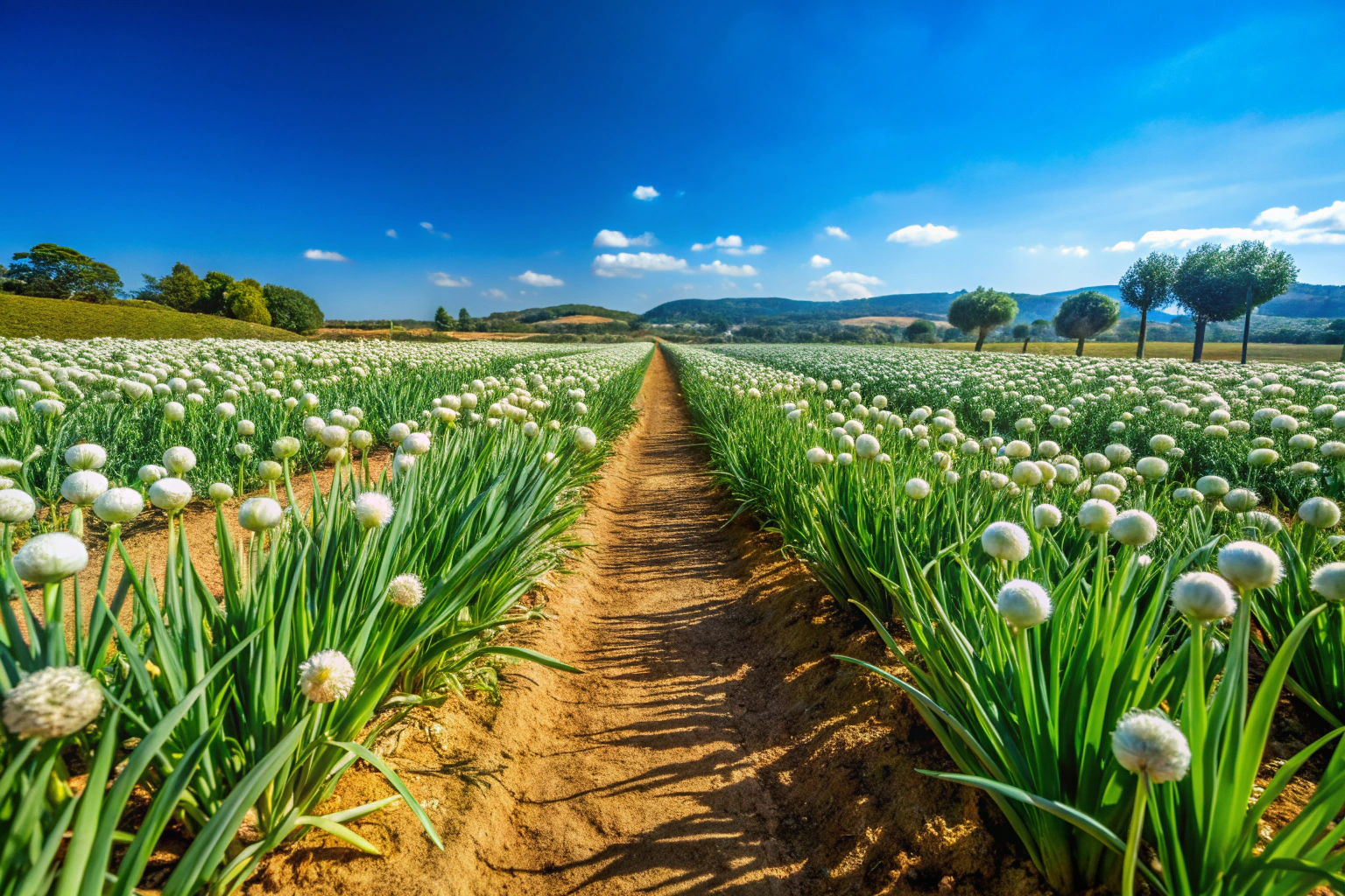 Uma imagem de um campo de alho em Portugal, com plantas verdes e saudáveis sob um céu azul, sem quaisquer elementos de texto ou marcas visíveis