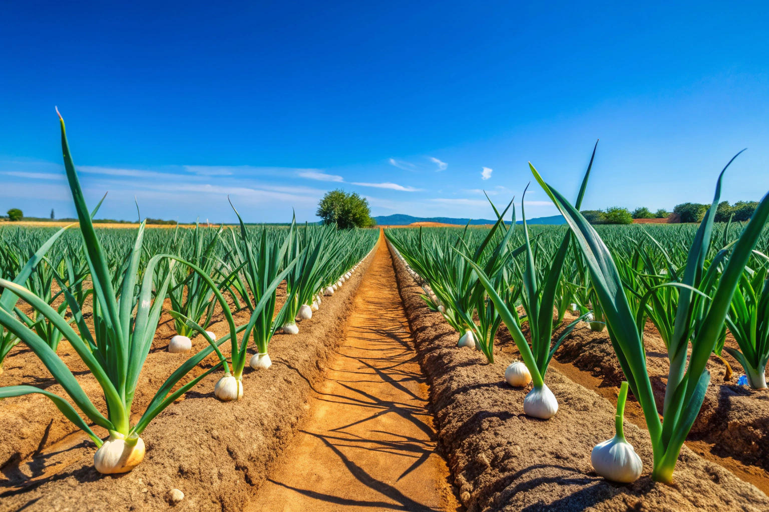 Campo de alho em crescimento com plantas verdes e solo bem preparado, sob um céu azul típico de Portugal
